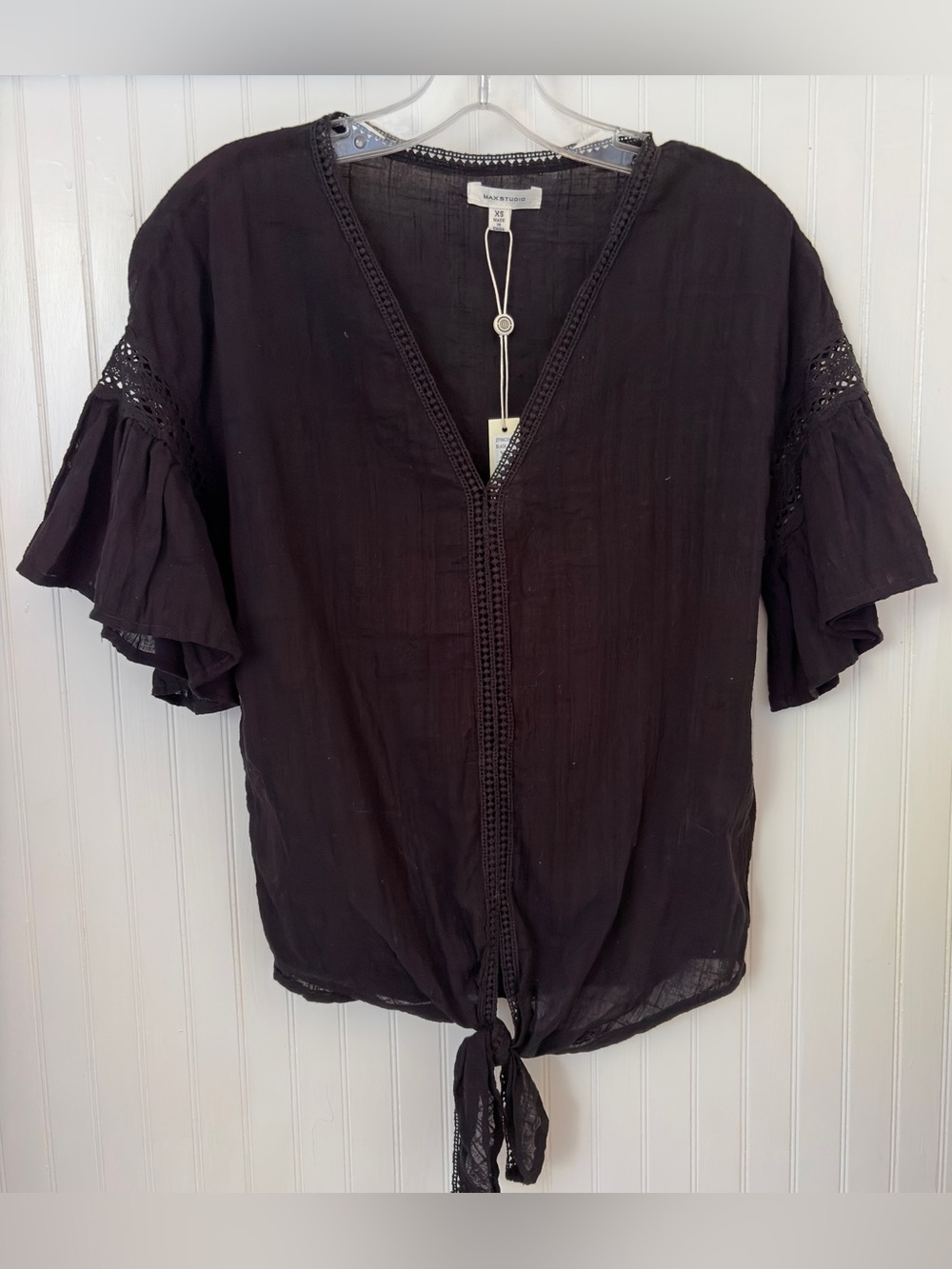 Max Studio Black Crochet-Trim Tie-Front Ruffle Sleeve Blouse Cottagecore NWT